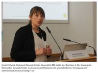 Annett Schmok (Netzwerk Gesunde Kinder, Gesundheit BB) stellte den Beschluss 4 „Der Zugang des Netzwerkes Gesunde Kinder zu Akteuren und Strukturen der gesundheitlichen Versorgung wird weiterentwickelt und verstetigt.“ vor.